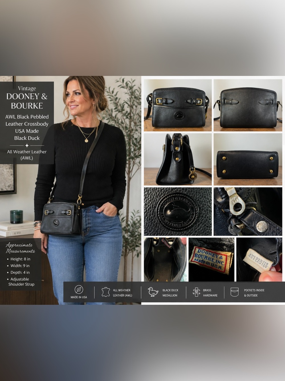Vintage Dooney & Bourke AWL Black Pebbled Leather Crossbody USA Black Duck
